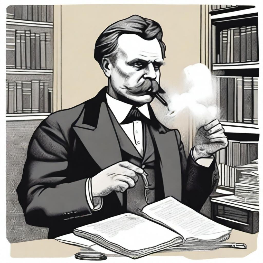 A detailed illustration of Friedrich Nietzsche taking a hit from a bong