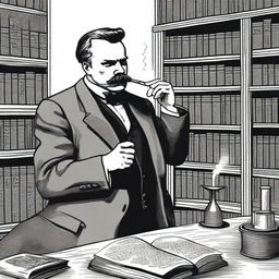 A detailed illustration of Friedrich Nietzsche taking a hit from a bong