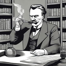 A detailed illustration of Friedrich Nietzsche taking a hit from a bong