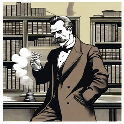 A detailed illustration of Friedrich Nietzsche taking a hit from a bong