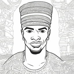 An African man wearing traditional headpieces, depicted in a detailed and intricate line art style suitable for a coloring book page