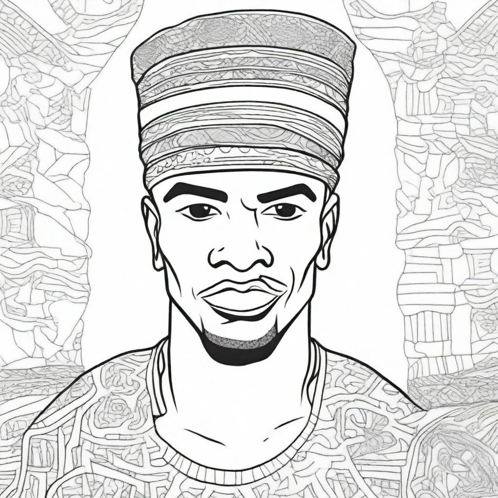 An African man wearing traditional headpieces, depicted in a detailed and intricate line art style suitable for a coloring book page