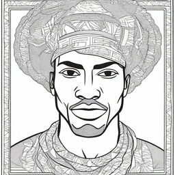 An African man wearing traditional headpieces, depicted in a detailed and intricate line art style suitable for a coloring book page