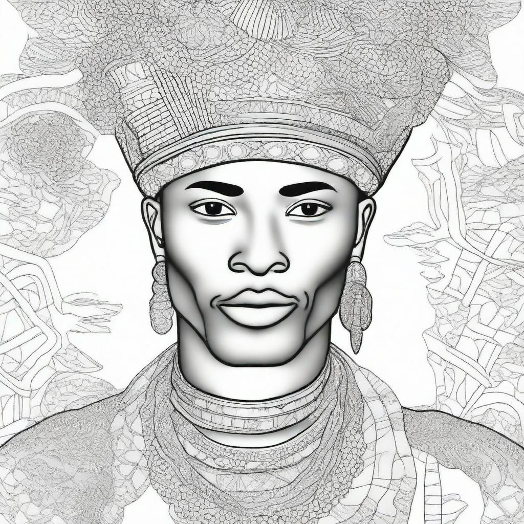 An African man wearing traditional headpieces, depicted in a detailed and intricate line art style suitable for a coloring book page