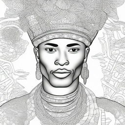 An African man wearing traditional headpieces, depicted in a detailed and intricate line art style suitable for a coloring book page