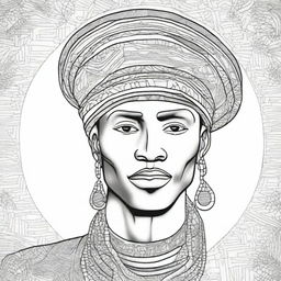 An African man wearing traditional headpieces, depicted in a detailed and intricate line art style suitable for a coloring book page