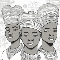 A cover for a coloring book featuring African boys wearing traditional headpieces