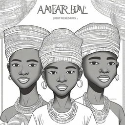 A cover for a coloring book featuring African boys wearing traditional headpieces