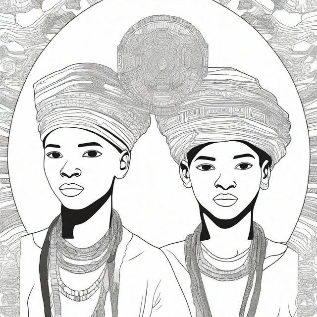 A cover for a coloring book featuring African boys wearing traditional headpieces