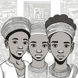 A cover for a coloring book featuring African boys wearing traditional headpieces