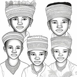 A cover for a coloring book featuring South African boys wearing traditional headpieces