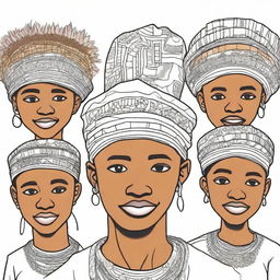 A cover for a coloring book featuring South African boys wearing traditional headpieces