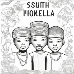 A cover for a coloring book featuring South African boys wearing traditional headpieces