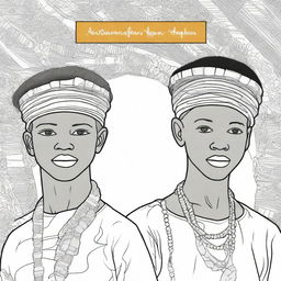 A cover for a coloring book featuring South African boys wearing traditional headpieces