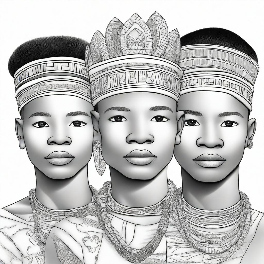 A cover for a coloring book featuring Tswana boys wearing traditional headpieces