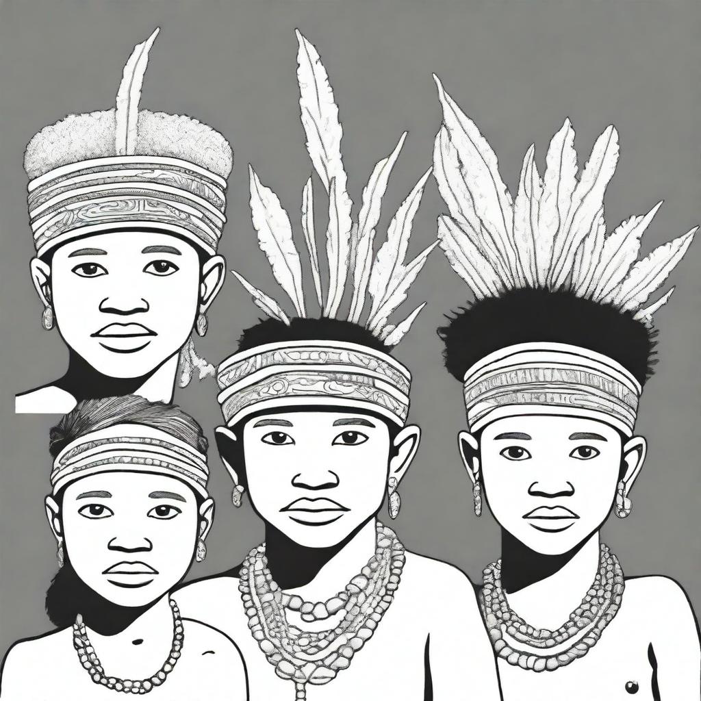 A cover for a coloring book featuring Bushman boys wearing traditional headpieces