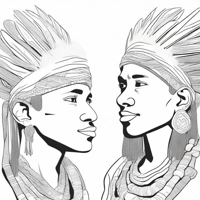 A cover for a coloring book featuring Bushman boys wearing traditional headpieces