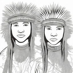 A cover for a coloring book featuring Bushman boys wearing traditional porcupine headpieces