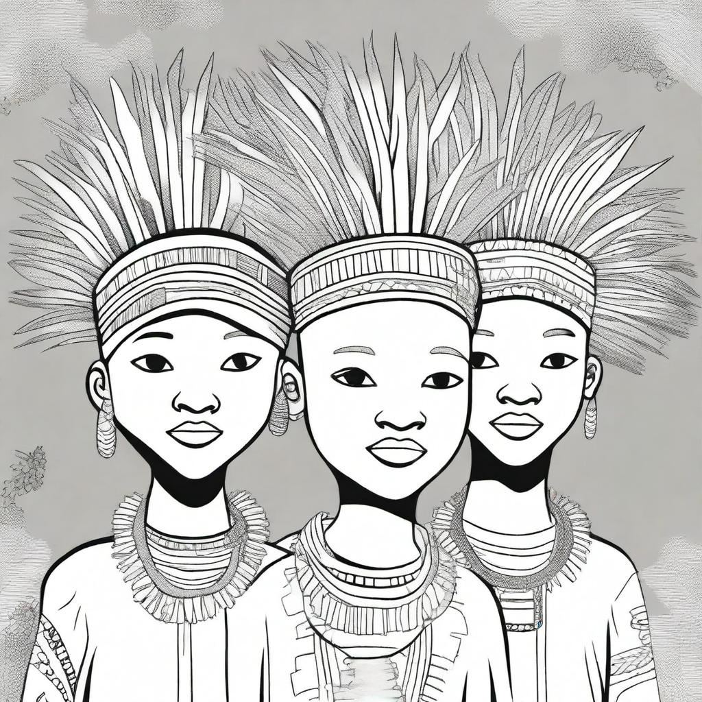 A cover for a coloring book featuring African boys wearing traditional porcupine headpieces