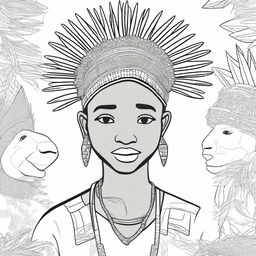 A cover for a coloring book featuring African boys wearing traditional porcupine headpieces