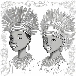 A cover for a coloring book featuring African boys wearing traditional porcupine headpieces