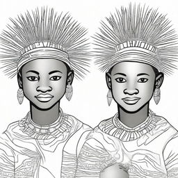 A cover for a coloring book featuring African boys wearing traditional porcupine headpieces