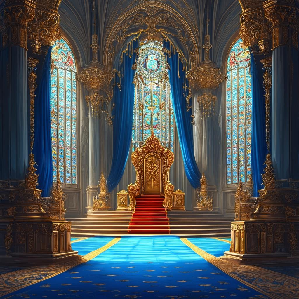 A grand royal throne room is depicted in a detailed digital painting for a fantasy novel cover, featuring opulent decorations, a majestic throne, stained glass windows, blue carpet and fabrics, and an overall regal atmosphere