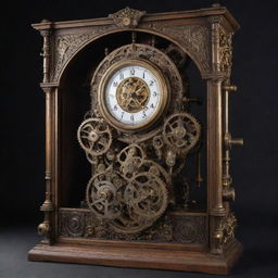 An intricately designed time machine, bursting with gears, dials and glowing tubes, all housed within a vintage Victorian-inspired framework.