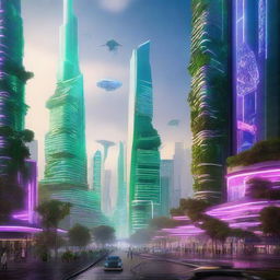 A futuristic sci-fi landscape of Mexico City in the year 2050, featuring advanced skyscrapers, flying vehicles, and lush green spaces integrated into the urban environment