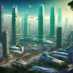 A futuristic sci-fi landscape of Mexico City in the year 2050, featuring advanced skyscrapers, flying vehicles, and lush green spaces integrated into the urban environment