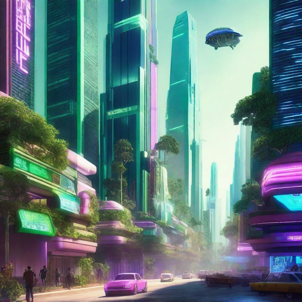 A futuristic sci-fi landscape of Mexico City in the year 2050, featuring advanced skyscrapers, flying vehicles, and lush green spaces integrated into the urban environment