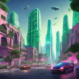 A futuristic sci-fi landscape of Mexico City in the year 2050, featuring advanced skyscrapers, flying vehicles, and lush green spaces integrated into the urban environment