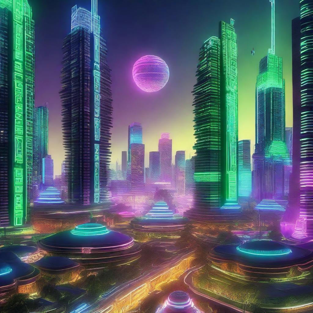 A futuristic sci-fi landscape of Mexico City in the year 2050, heavily influenced by Aztec and Mayan architecture