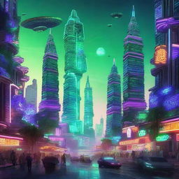 A futuristic sci-fi landscape of Mexico City in the year 2050, heavily influenced by Aztec and Mayan architecture