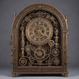 An intricately designed time machine, bursting with gears, dials and glowing tubes, all housed within a vintage Victorian-inspired framework.