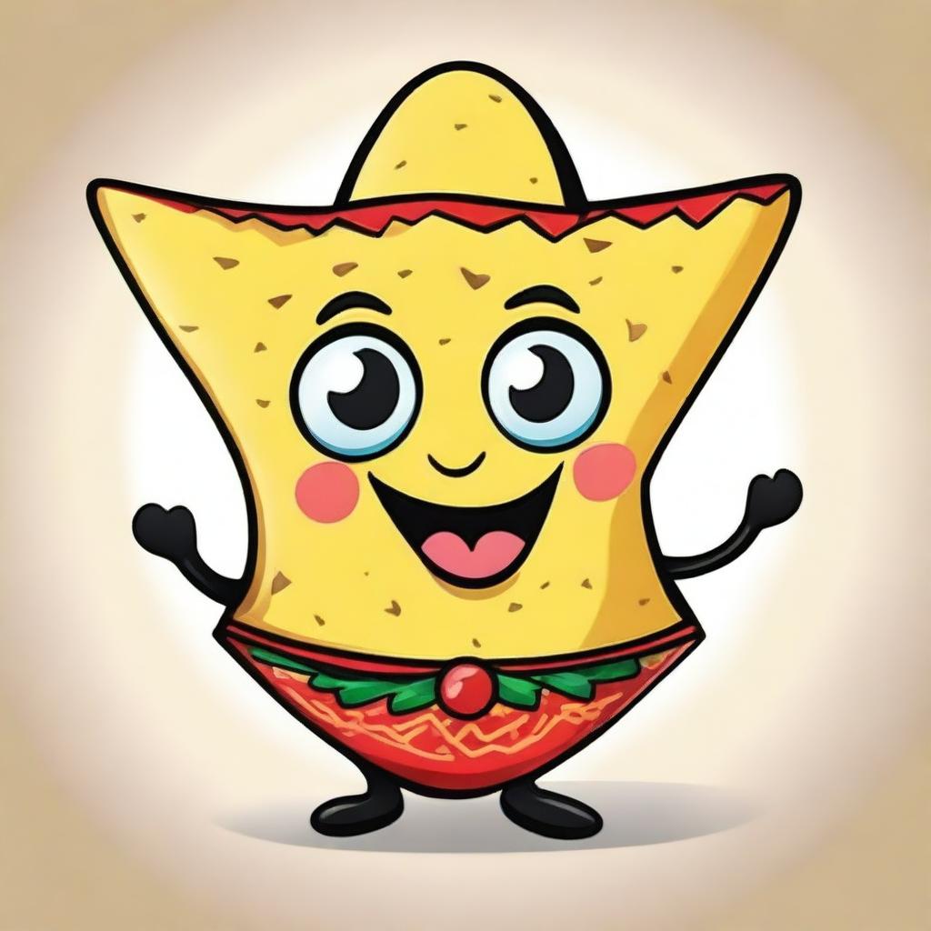 A coquette cartoon of a tortilla chip with a playful and flirtatious expression, wearing a small bow tie, winking, and dressed in a traditional Mexican costume