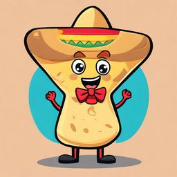 A coquette cartoon of a tortilla chip with a playful and flirtatious expression, wearing a small bow tie, winking, and dressed in a traditional Mexican costume