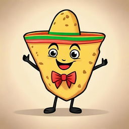 A coquette cartoon of a tortilla chip with a playful and flirtatious expression, wearing a small bow tie, winking, and dressed in a traditional Mexican costume