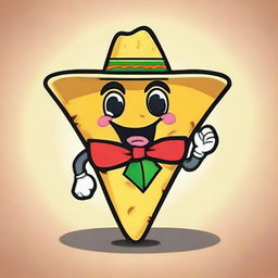 A coquette cartoon of a tortilla chip with a playful and flirtatious expression, wearing a small bow tie, winking, and dressed in a traditional Mexican costume