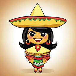 A coquette cartoon of a female tortilla chip with a playful and flirtatious expression, winking and dressed in a traditional Mexican costume