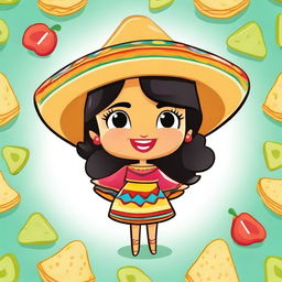 A coquette cartoon of a female tortilla chip with a playful and flirtatious expression, winking and dressed in a traditional Mexican costume