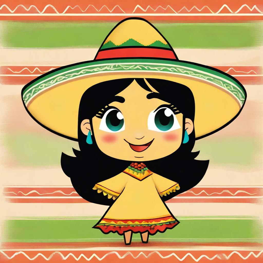 A coquette cartoon of a female tortilla chip with a playful and flirtatious expression, winking and dressed in a traditional Mexican costume