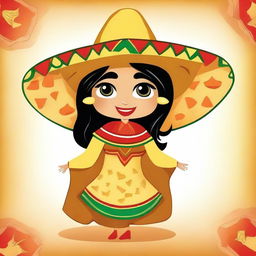 A coquette cartoon of a female character made entirely of tortilla chips with a playful and flirtatious expression, winking and dressed in a traditional Mexican costume