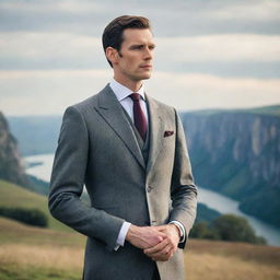 A tall man with sharp features, dressed elegantly standing against a majestic landscape.