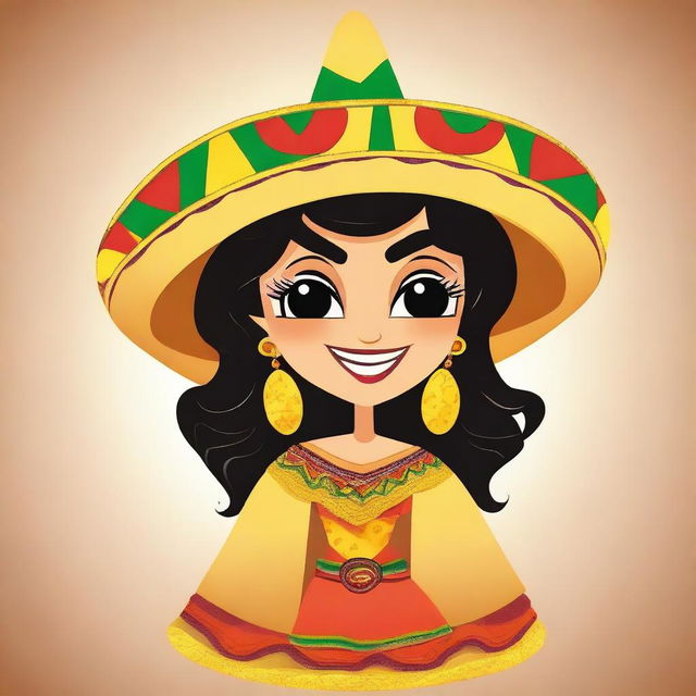 A coquette cartoon of a female character made entirely of tortilla chips with a playful and flirtatious expression, winking and dressed in a traditional Mexican costume