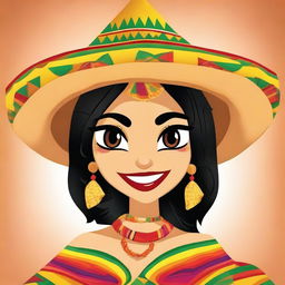 A coquette cartoon of a female human-tortilla chip hybrid character with a playful and flirtatious expression, winking and dressed in a traditional Mexican costume