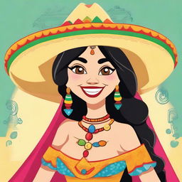 A coquette cartoon of a female human-tortilla chip hybrid character with a playful and flirtatious expression, winking and dressed in a traditional Mexican costume