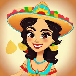 A coquette cartoon of a female human-tortilla chip hybrid character with a playful and flirtatious expression, winking and dressed in a traditional Mexican costume