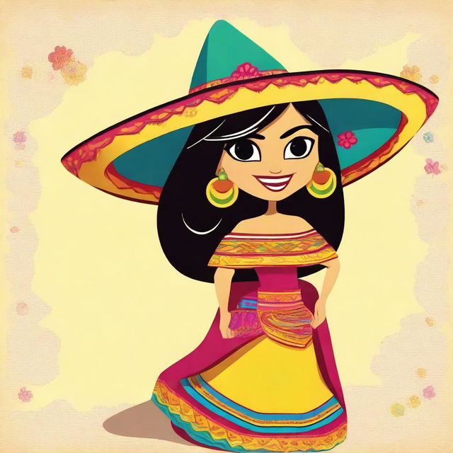 A coquette cartoon of a female human-tortilla chip hybrid character with a playful and flirtatious expression, winking and dressed in a traditional Mexican costume