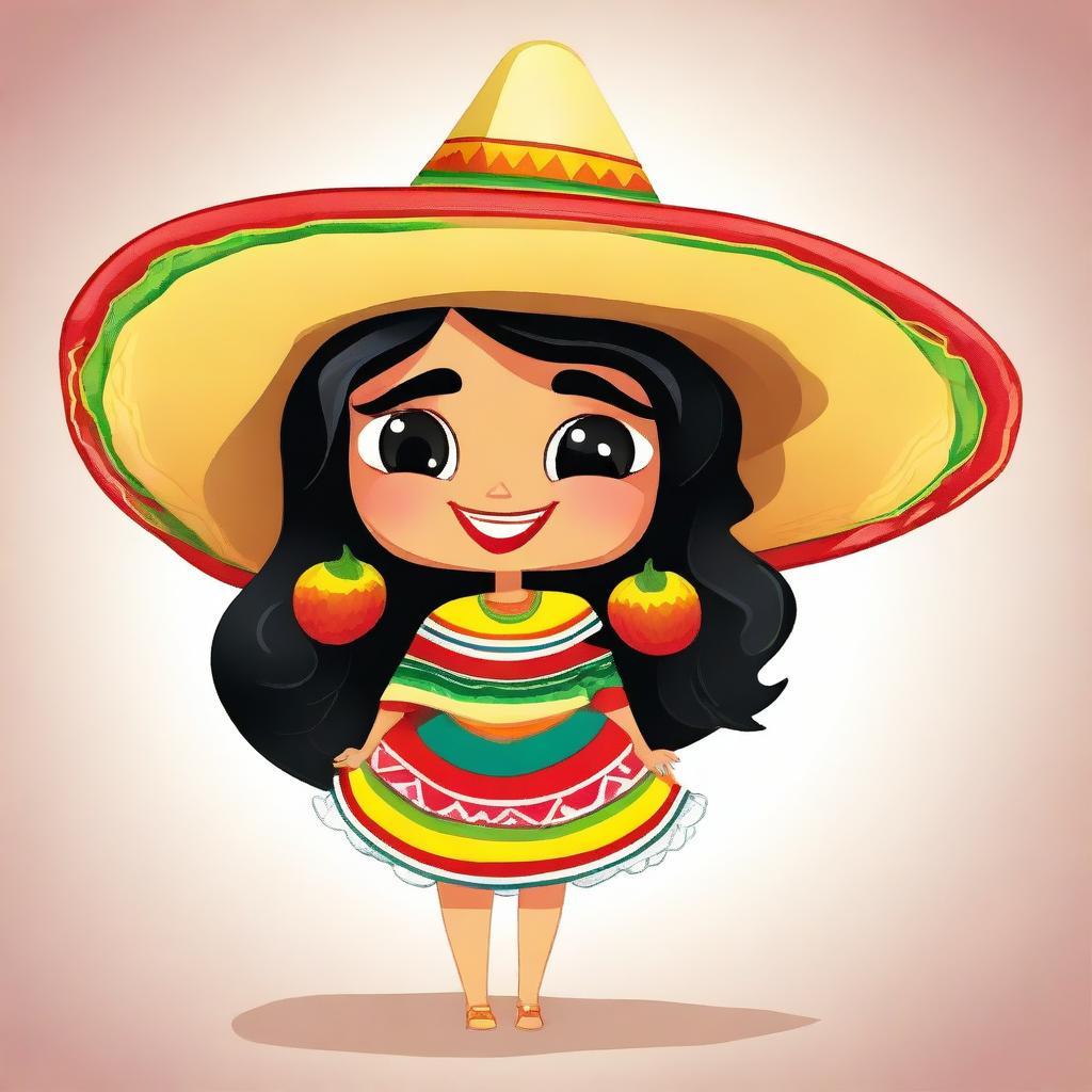 A coquette cartoon of a female human-tortilla chip hybrid character with a playful and flirtatious expression, winking and dressed in a traditional Mexican costume